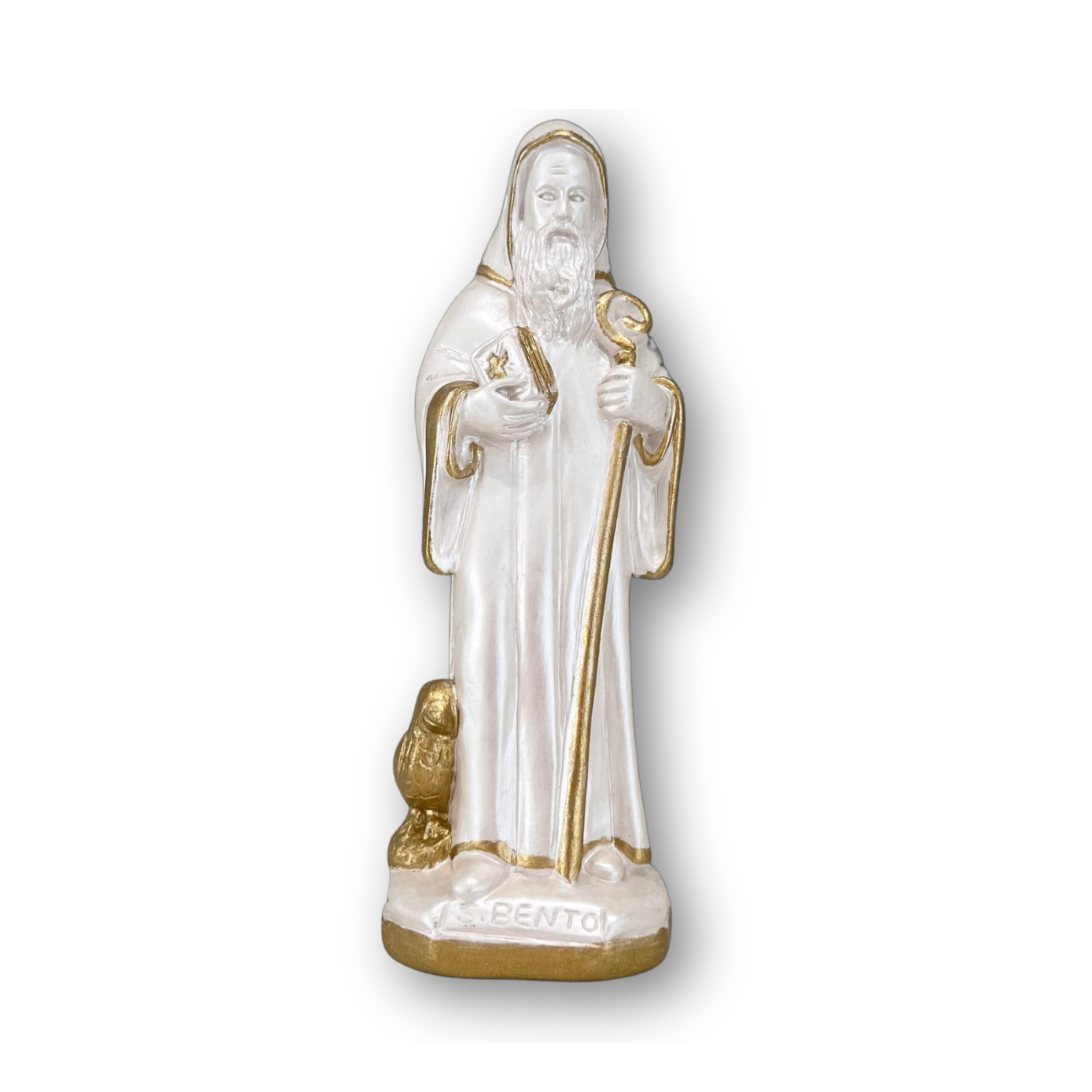 São Bento de 20cm branco com detalhes em dourado