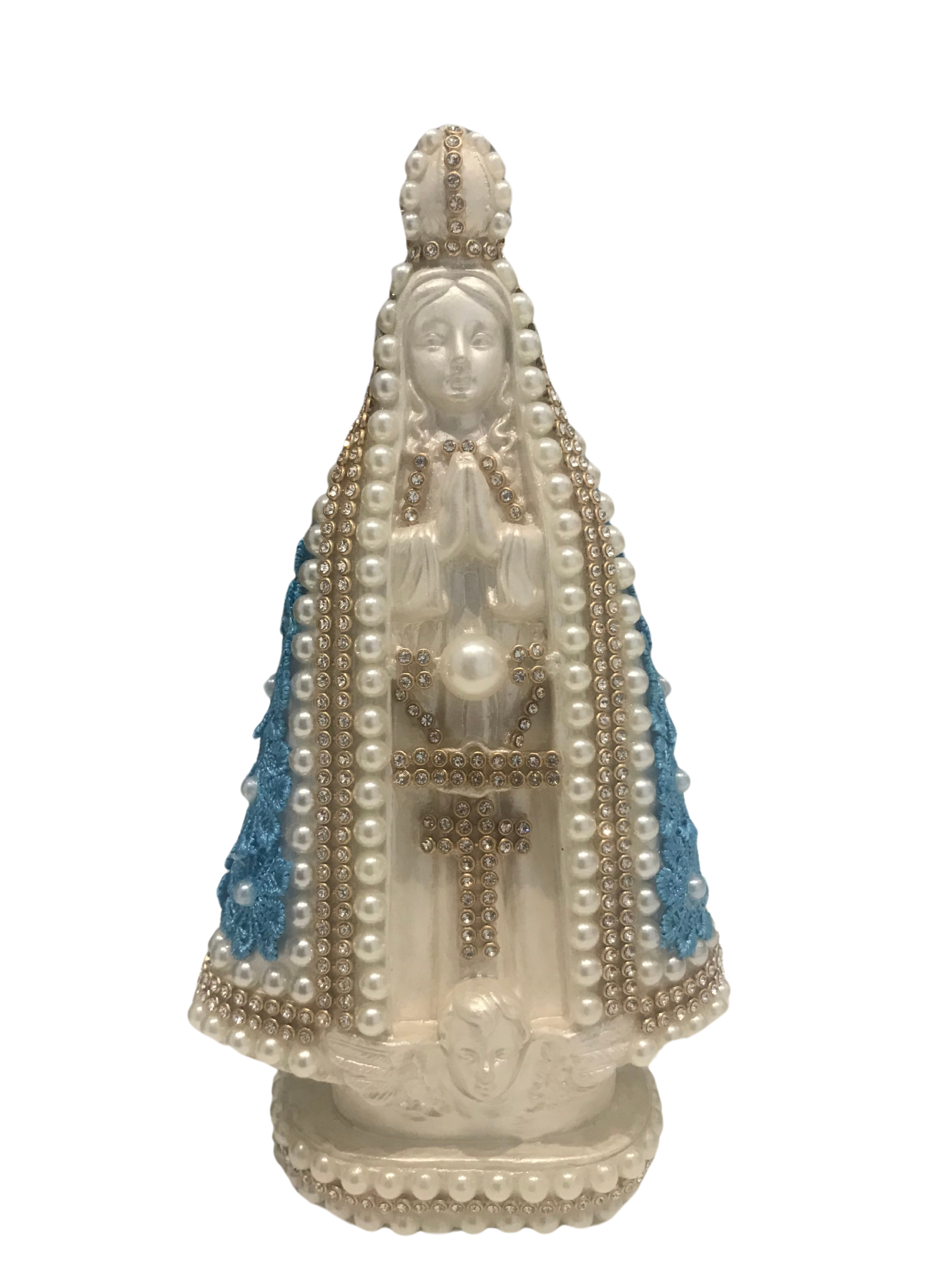 Nossa Senhora Aparecida de 20cm com manto em guipir (Azul e Marfim)