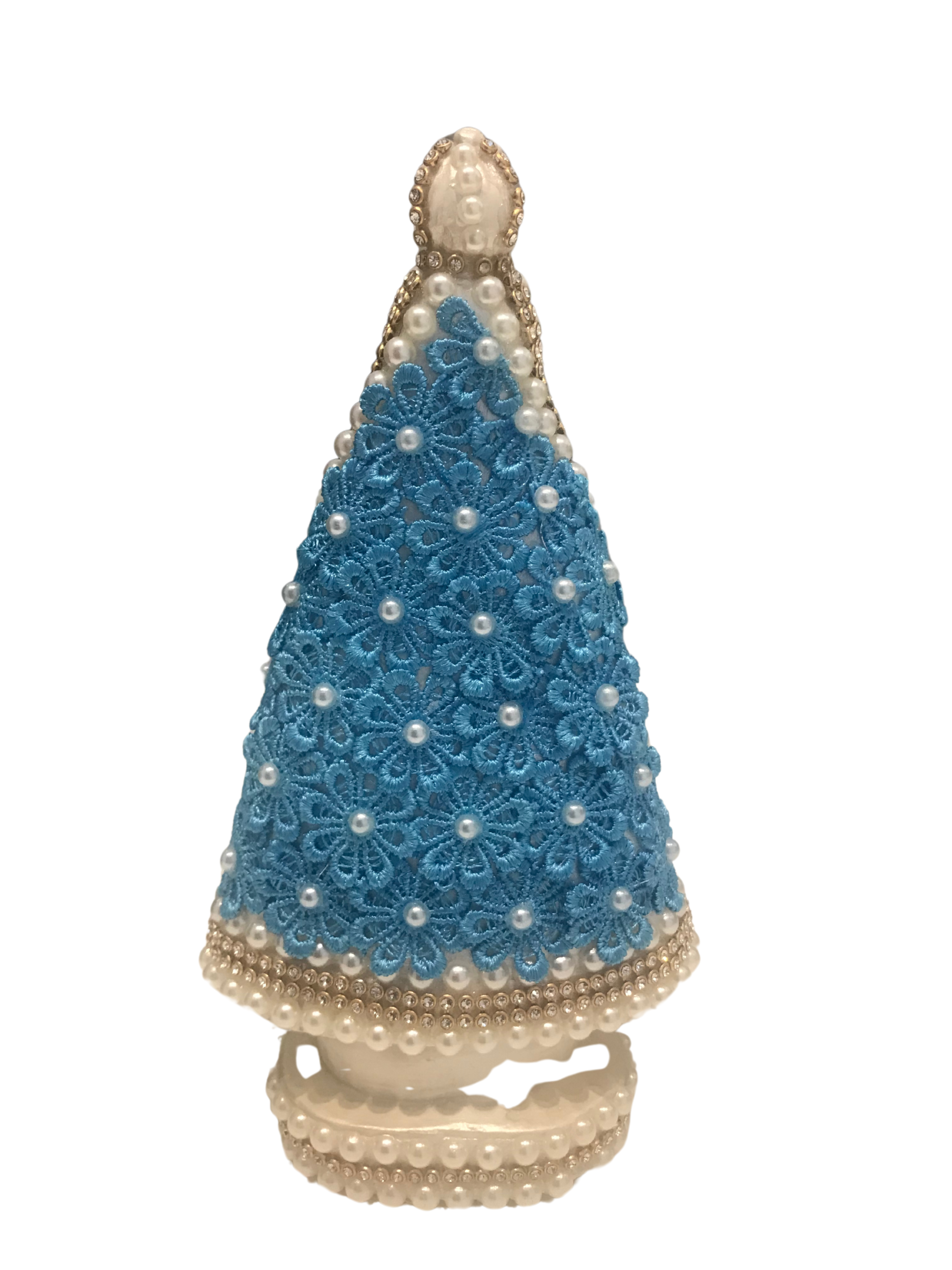 Nossa Senhora Aparecida de 20cm com manto em guipir (Azul e Marfim)