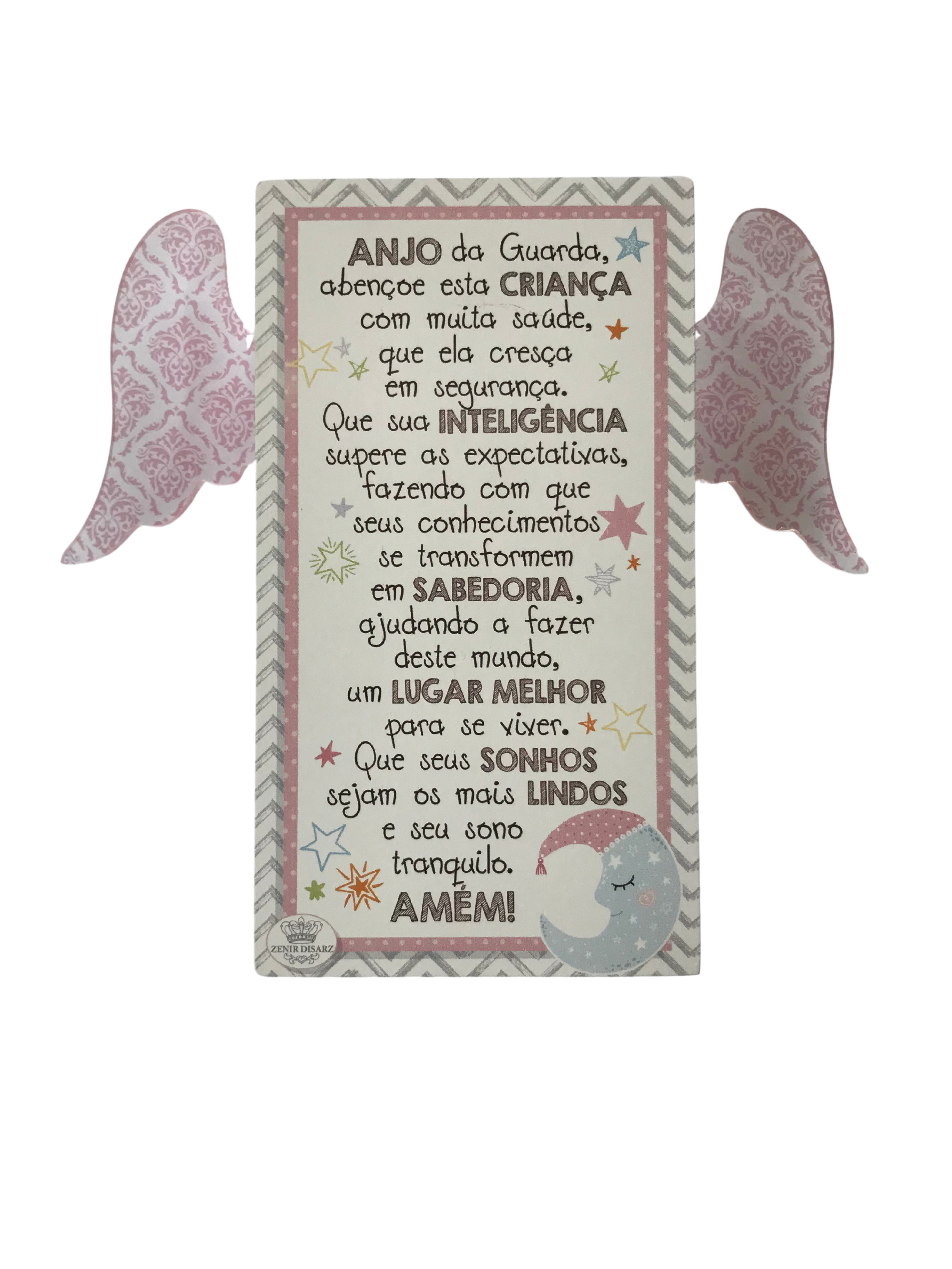PLACA DE MESA COM ASAS SANTO ANJO DO SENHOR ROSA 18X20