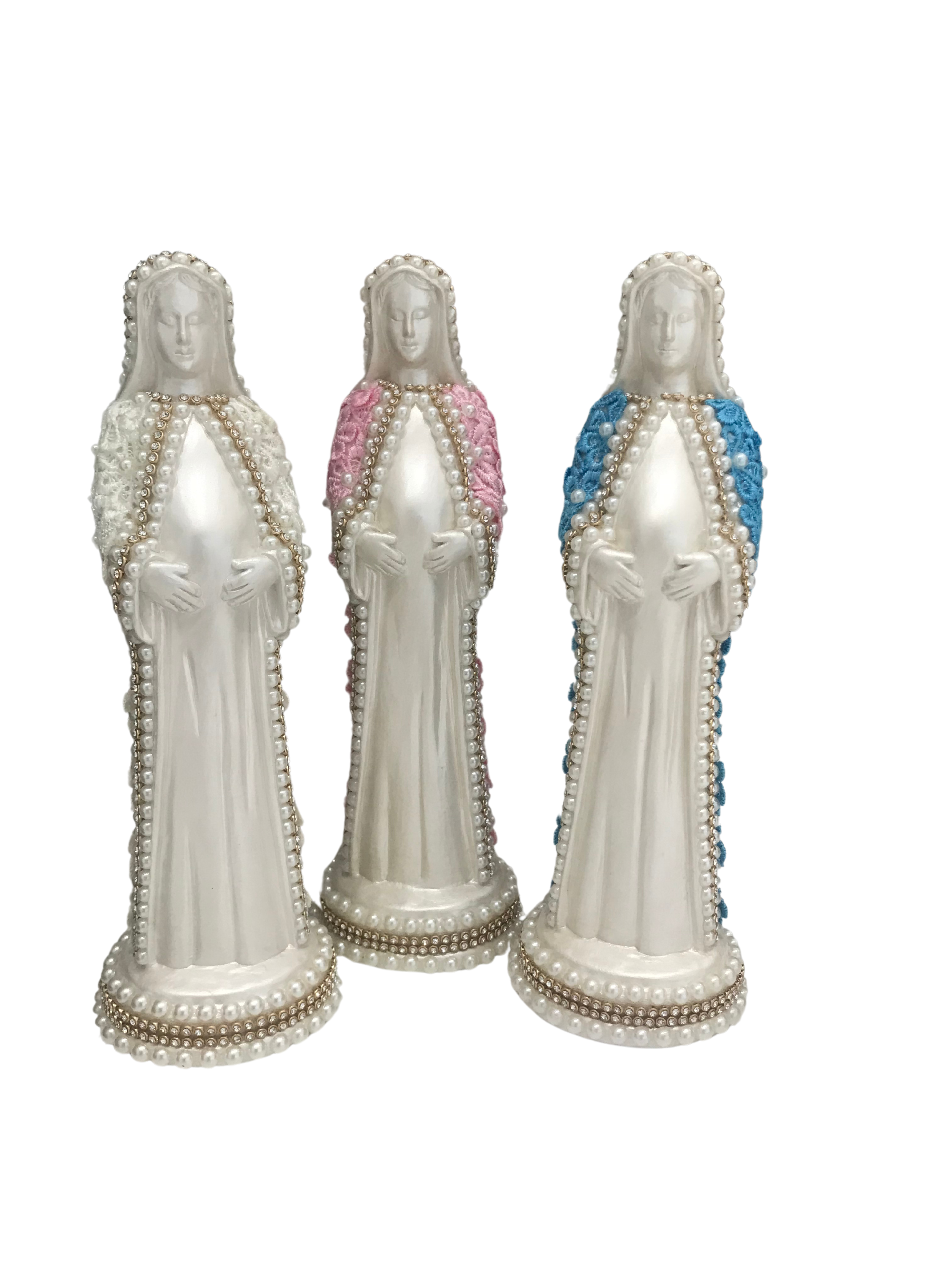 Nossa Senhora Grávida de 20cm em guipir (Rosa, azul e Marfim)