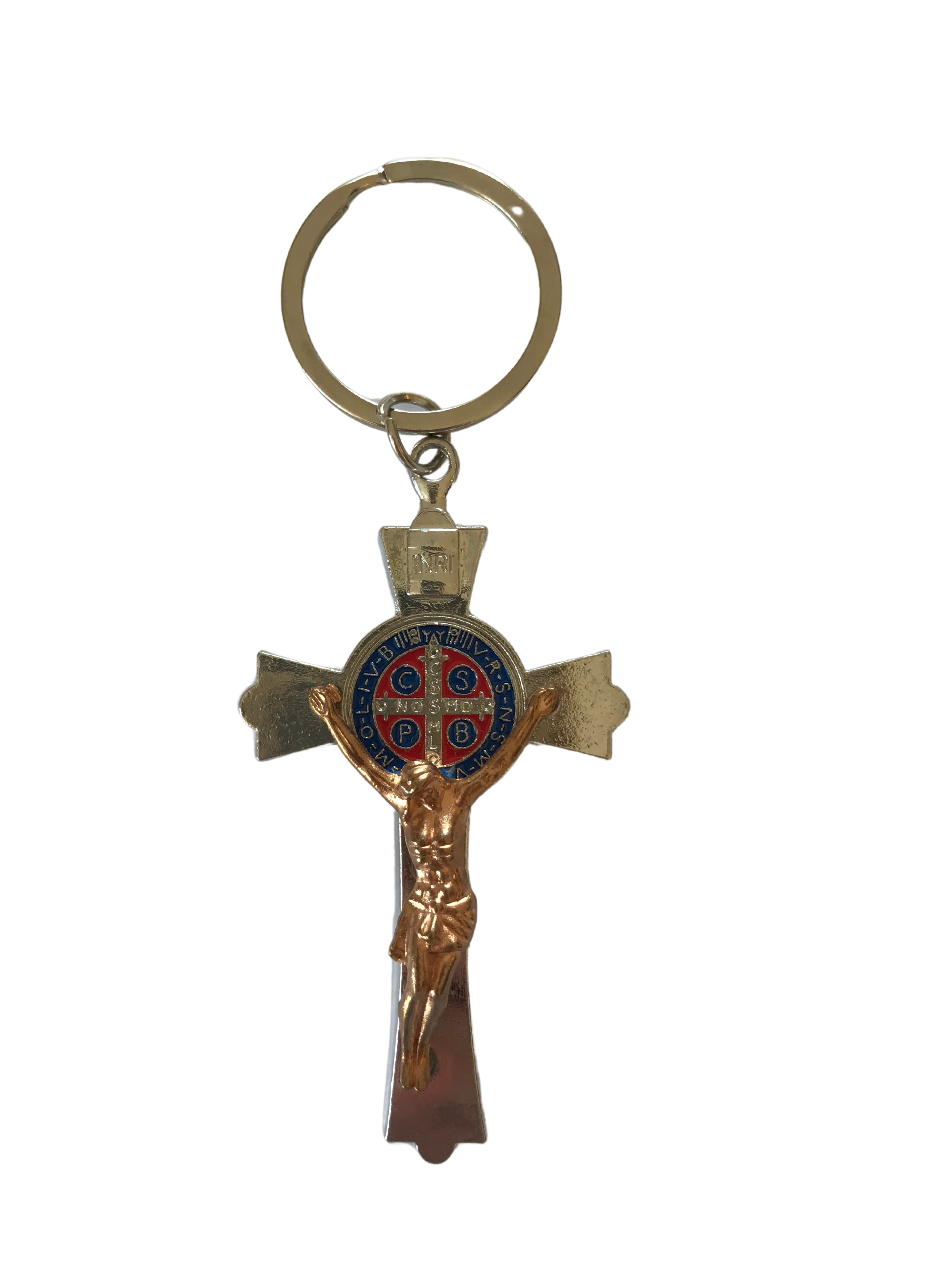 CHAVEIRO CRUCIFIXO S.BENTO PRATEADO COM CRISTO DOURADO